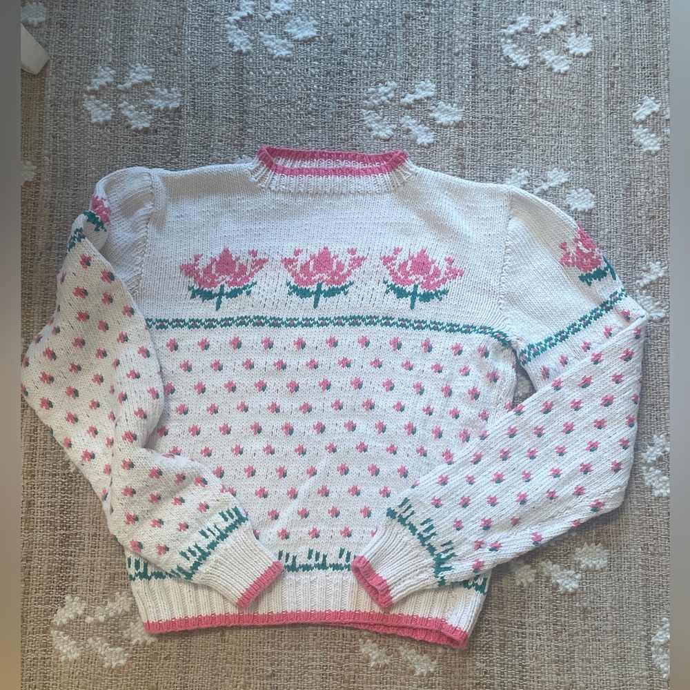 Vintage Lolita Fair Isle Floral Handmade? Sweater Pink Green Puff Shoulder